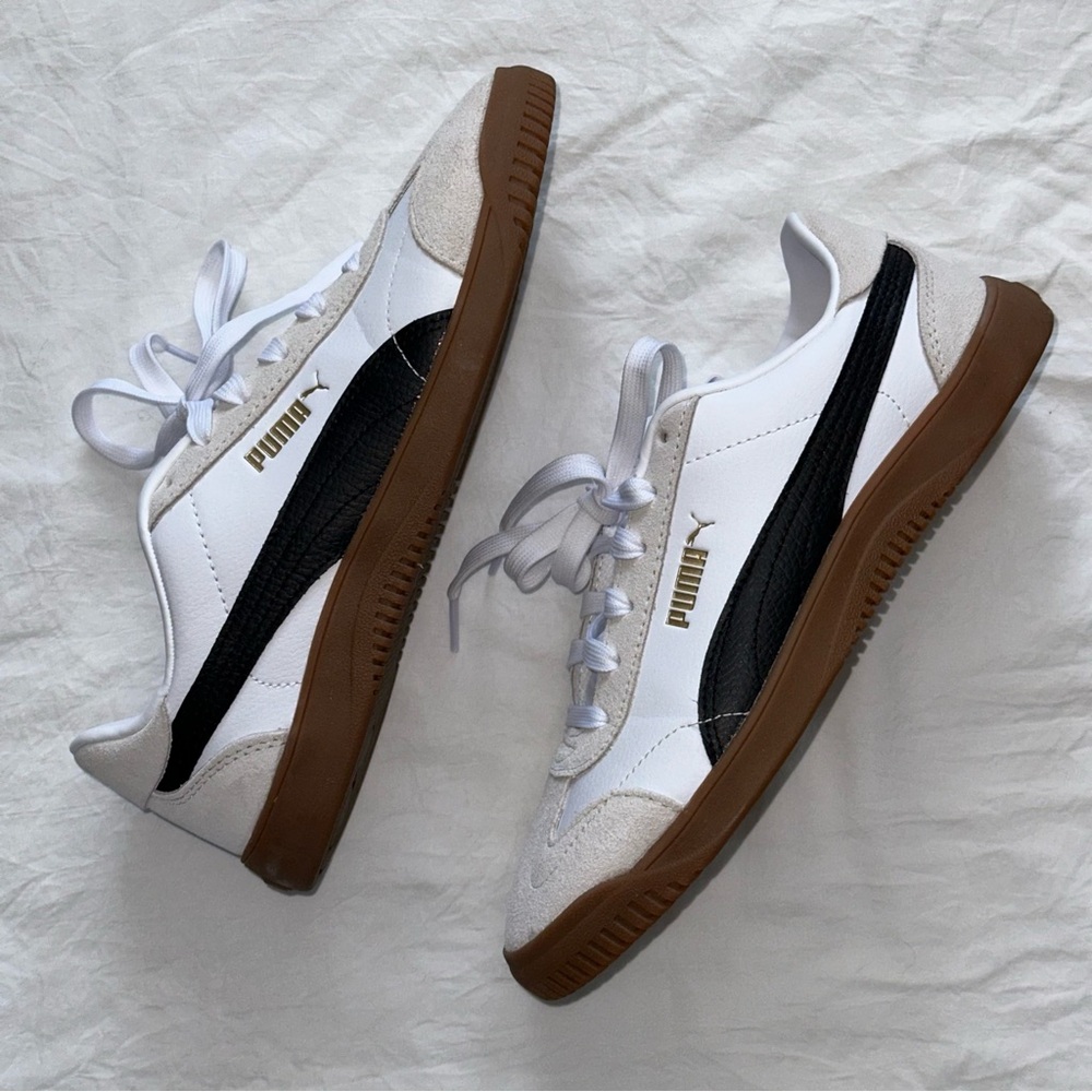 Puma Classic White and Black Sneakers with Brown Soles